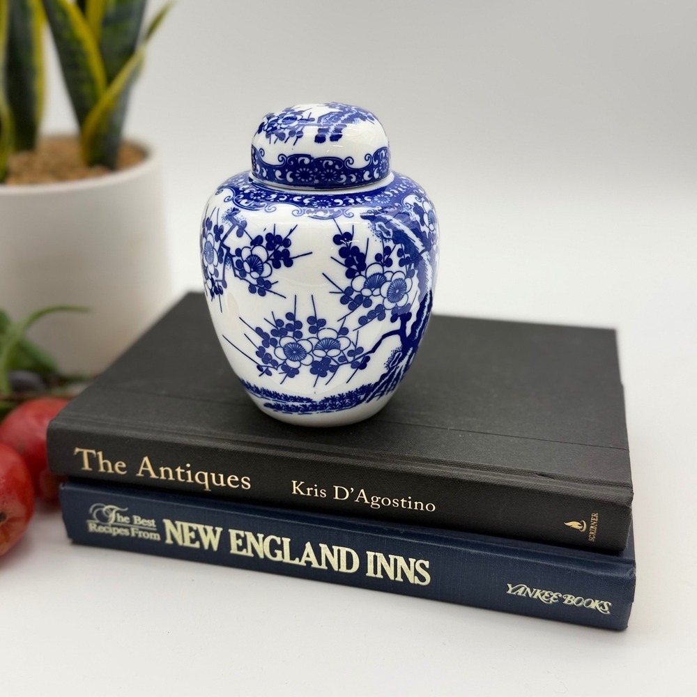 Vintage Blue and White Porcelain Ginger Jar Cherry Blossom Floral